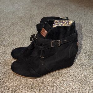 Mad Love Black Suede Wedge Ankle Boots with Buckle Strap and Floral Lining